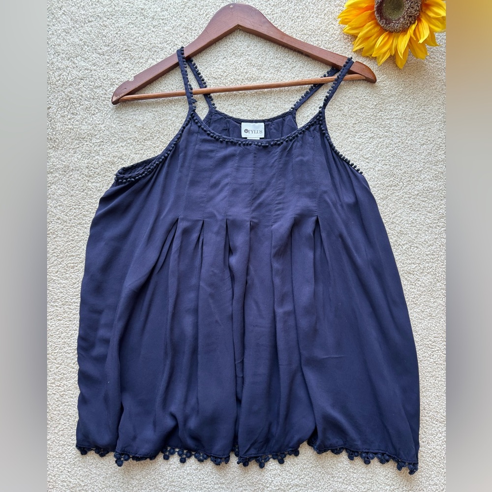 Stylus Navy Blue Rayon Cami Tank Top Pom Pom Trim Size L
